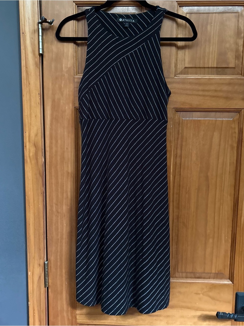 Athleta Black White Pinstripe High Neck Cross Asymmetric Midi Dress S